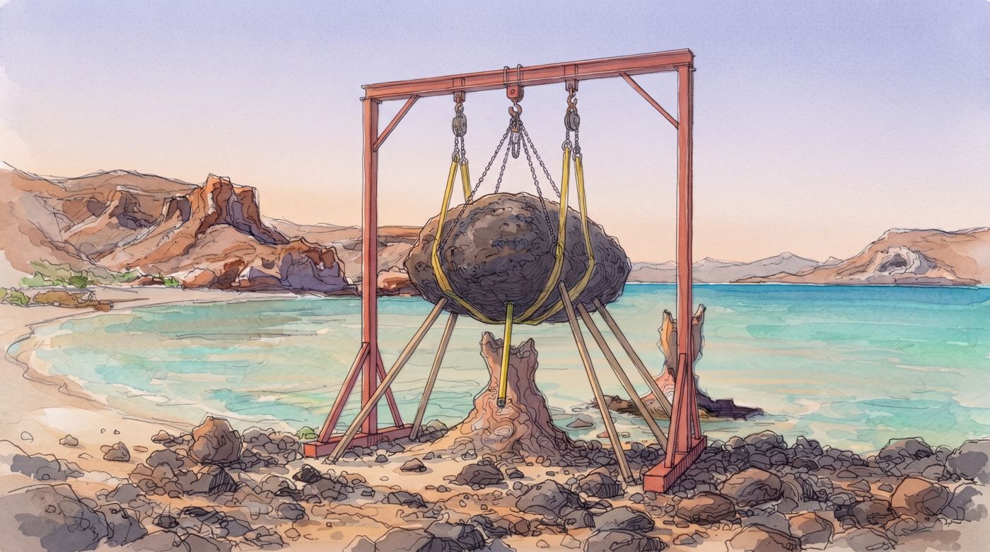La reparación de 1993: el sombrero del Hongo colgado de un marco de acero, con puntales de madera. Ilustración basada en las fotos de la obra que publicó El Independiente.