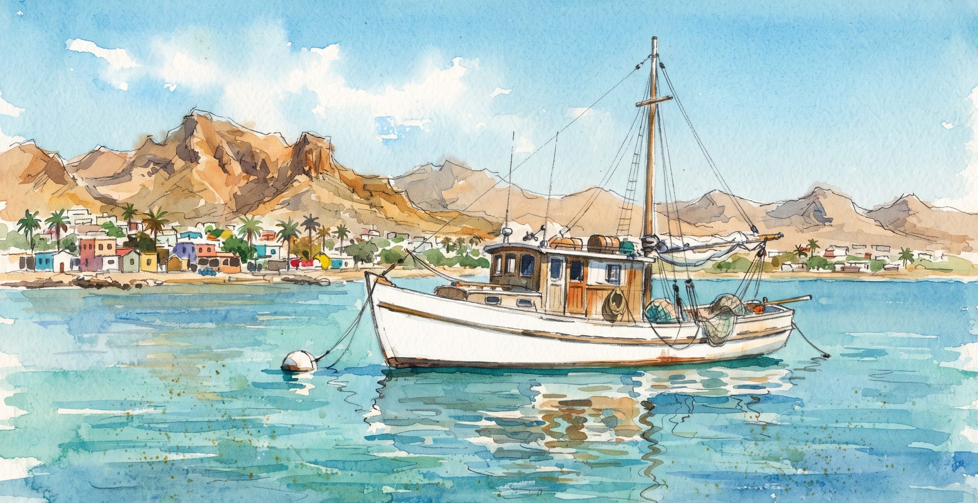 Acuarela de un barco sardinero anclado en la bahía de La Paz
